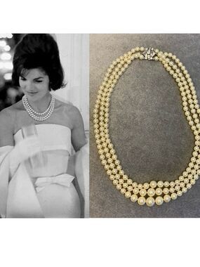 JACKIE kennedy inspired triple layered strand faux pearl rhinestone necklace